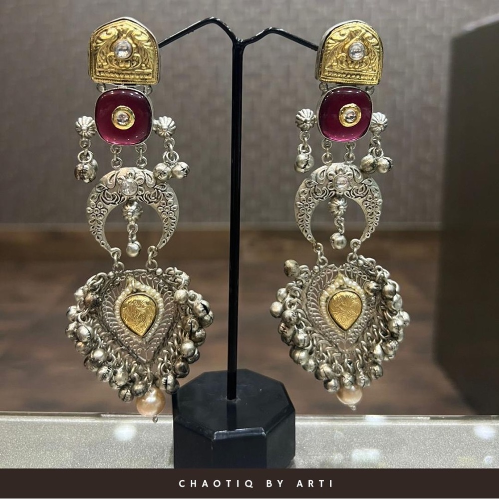 Gold and Silver Red Statement Earrings